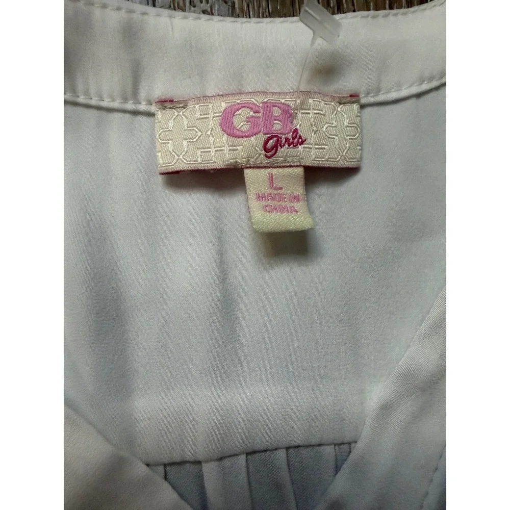 GB Girls White V-Neck Pleated Blouse Long Sleeve High-Low Hem Size L GG2950HCU